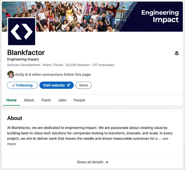 Screenshot of BlankFactor LinkedIn page